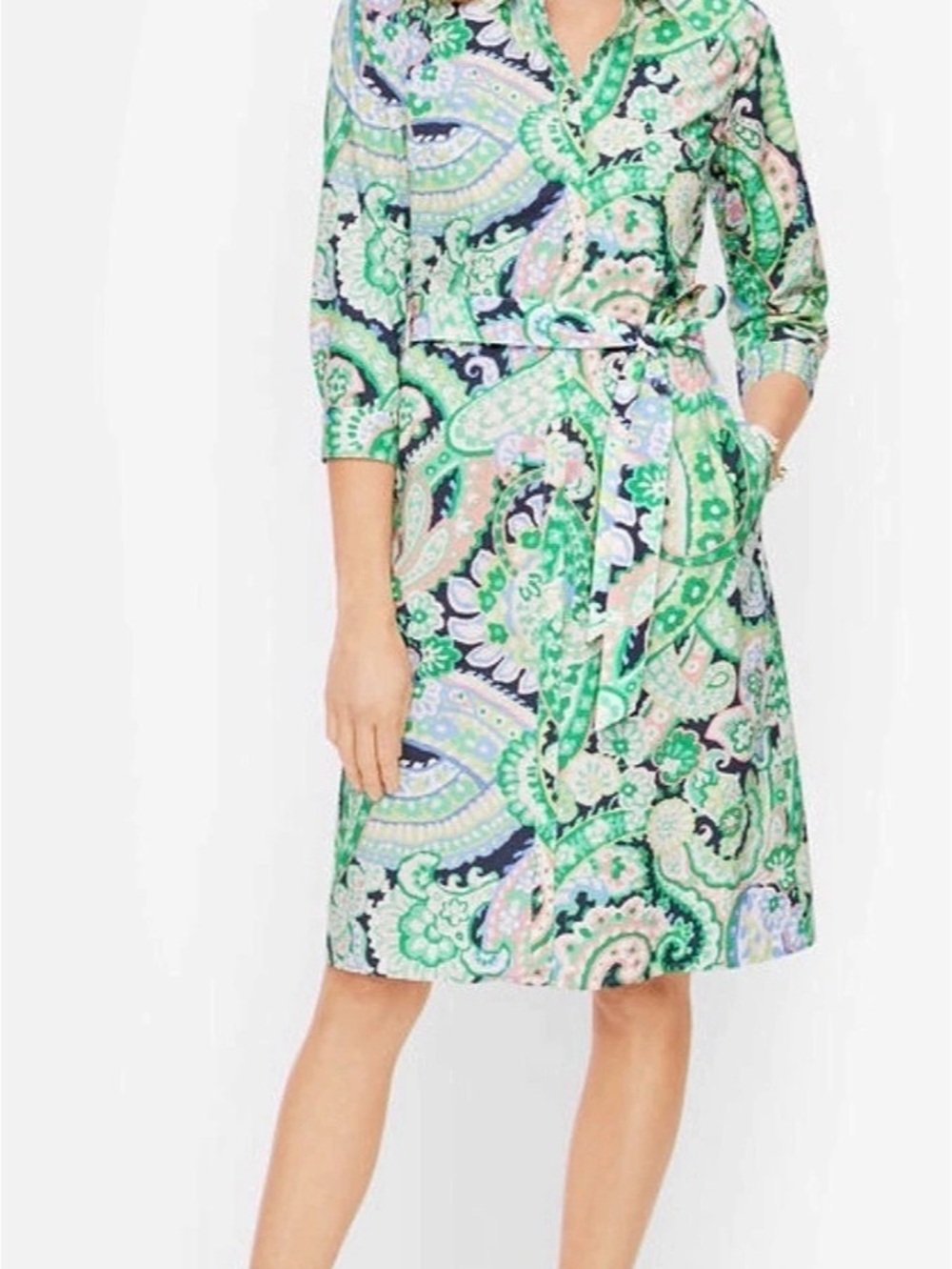 Talbots Paisley Tie-Waist Shirt Dress Green & Pink Size 10P